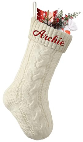Cysincos Weihnachtsstrumpf Personalisiert Name 46cm große gestrickte Christmas Stockings Nikolausstrumpf hängende Familie Weihnachtsstrümpfe für Party Weihnachten Deko, Elfenbeinweiß