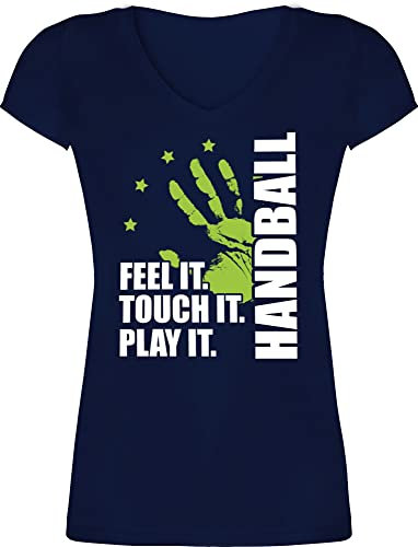 T-Shirt Damen V Ausschnitt - Handball EM 2026 Trikot Ersatz - Feel it. Touch it. Play it. - weiß - XXL - Dunkelblau - Handballer Shirt hanball Tshirt halbball Handball. Handball, beachhandball wm