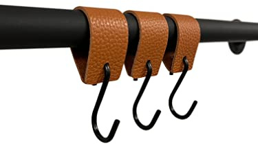 Kleiderhaken mit Lederschlaufe - Cognac - 6 Stück - S Haken – 12,5 cm x 3 cm - Garderobe - Jacken - Hosen - Kleiderstange - Leder – Lederband - Garderobenhaken – Fleischerhaken - Multifunktionshaken