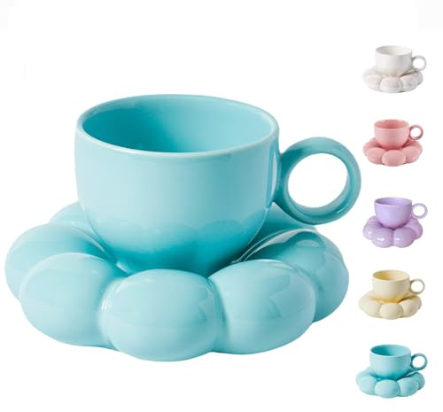 ARISKEY Bonita taza de café de cerámica con posavasos de girasol, taza de nube, taza de flores, juego de taza de café novedosa con platillo y cuchara, 6.4 onzas/200 ml, taza creativa para leche con