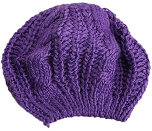 tcax Baskenmütze Damen Warme Winter-Damen-Baskenmütze, Gestrickte Baggy-Beanie-Mütze, Mehrfarbige Skimütze, Einfarbig, Große Knospen, Twist-Ball-Strickmütze, Lila, Einheitsgröße