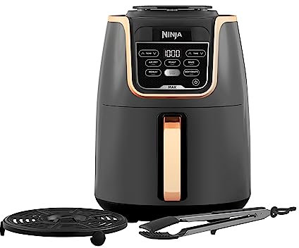 Ninja Air Fryer MAX Heißluftfritteuse, 5,2L Airfryer, mit Zange, Familiengröße, Antihaftbeschichtung, spülmaschinenfester Korb, 5-in-1, Amazon Exklusiv, Kupfer/Schwarz, AF150EUCP