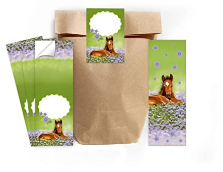 12 Lesezeichen + 12 Geschenktüten (natur) + 12 Aufkleber Pferd Mitgebselset Gastgeschenke für Kindergeburtstag Mädchengeburtstag