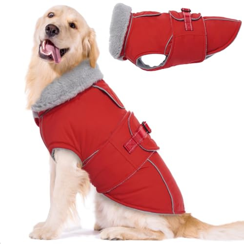 Lelepet Hundemantel Winterweste Reflektierende Fleece Hundejacke für Große Hunde Wasserdicht Hundejacke Wintermantel Warme Winterjacke mit Verstellbarer Schnalle (Rot, XL)