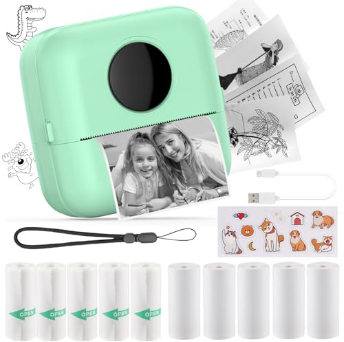 HuiJuKeJi Mini Drucker, Taschendrucker, Mini Fotodrucker für Smartphone, Sticker Drucker, Thermo Fotodrucker für Journal, Reisen Logo, Notizen, Journal, Liste, Memo (Grün)