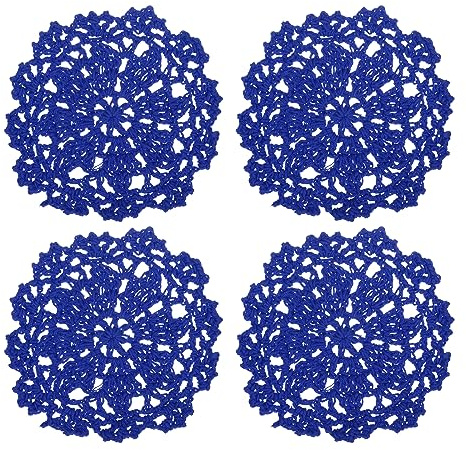QUARKZMAN 4 Stück Handgemachte Häkeldeckchen - Baumwolle Gewebte Häkeln Deckchen Spitze Stickerei Tasse Matte mit Blumig Muster für Hochzeit Party Dekoration (Leuchtende Blau)
