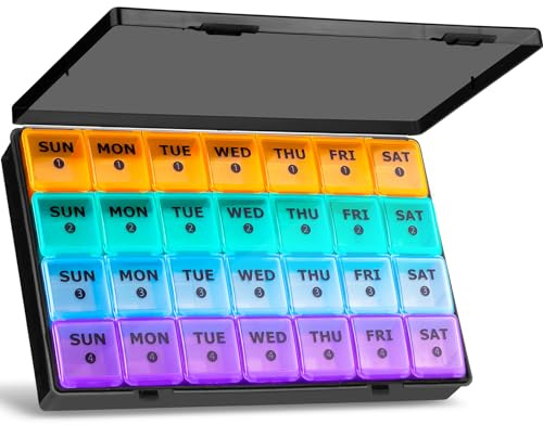 XL Large Monthly Pill Organizer 4 Weeks, 28 Day Pill Organizer Weekly, Big Compartment with Travel Case, 7 Day Pill Dispenser 4 Times a Day, Medicine Organizer Box for Vitamin, Fish Oil （Black）