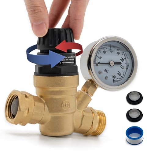 ‌VANCOCO Water Pressure Regulator Valve with Adjustable Tool-Free Handle, 3/4 NH Thread Pressure Regulator with Gauge 45-160 PSI for RV Camper Travel Trailer