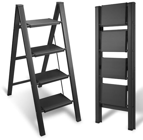 Yakimz Escabeau pliable en aluminium à 4 marches - Marchepied antidérapant - Petit et compact - Charge maximale : 150 kg - Pour la maison, le bureau, l'étagère de rangement portable (noir)