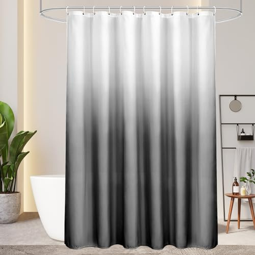 AooHome Duschvorhang 200X200cm Textil, Grau Duschvorhänge 120g/m² Farbverlauf Badvorhang Wasserdicht Waschbar Antischimmel mit 14 Duschvorhangringen(Weiß nach Schwarz)