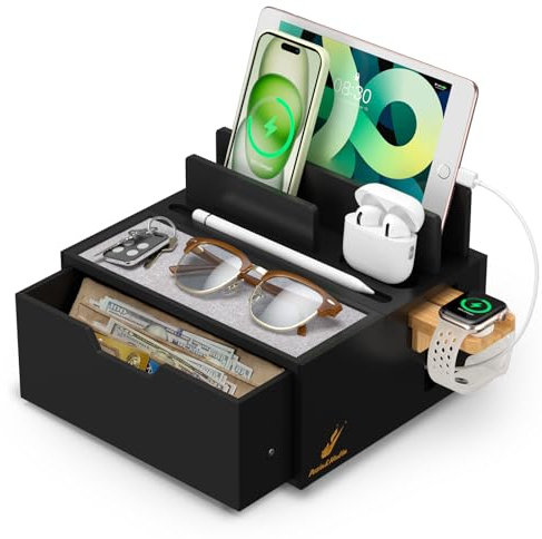 Pezin & Hulin Bamboo Charging Station for Multi Device with Watch Stand, Phone Docking Station with Lined Tray & Drawer, Compatible with Tablet, Cell Phone(No Power Charger Supply)-Black