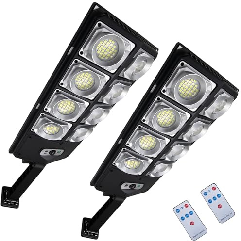 Jercoda Lampadaire solaire d'extérieur 800 W, 80 000 lm, étanche IP65, projecteurs solaires avec télécommande, détecteur de mouvement du crépuscule à l'aube pour jardin, cour, allée