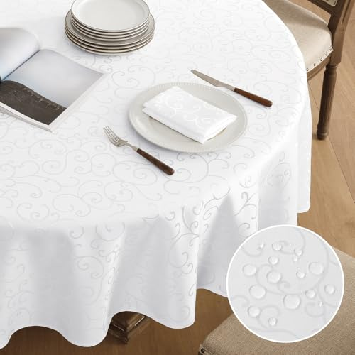 Romanstile Tischdecke rund 180 cm abwaschbar Weiss Damast Jacquard,schmutzabweisend wasserabweisend,Tischtuch Tafeldecke Tischwäsche Table Cloth für Frühling,Sommer,Ostern,Outdoor,Konferenz,Messe