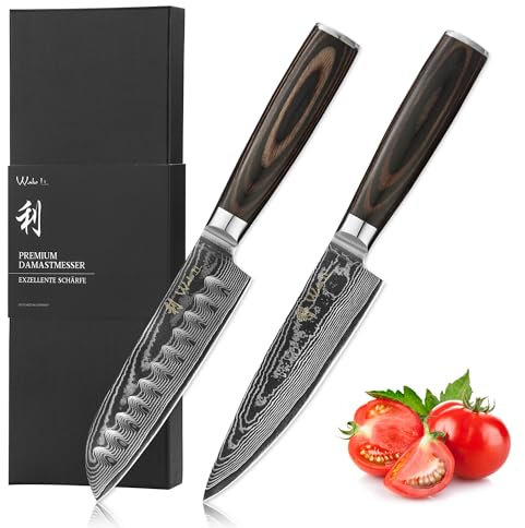 Wakoli EDIB Essentials Kitchen Knife Set, 2 Piece Small Chef and Santoku Knife Made from 67 Layers Genuine Damascus Steel with VG10 Core, Knives Set for Kitchen with Pakkawood Handle in Gift Box