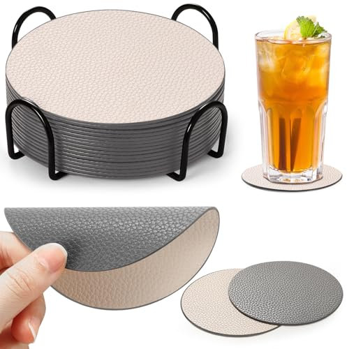 Cokaca Untersetzer Gläser 12er Set, Doppelseitigen Glas Untersetzer mit Halter, Glasuntersetzer Set Tischuntersetzer Lederoptik Untersetzer (Grau+Creme)