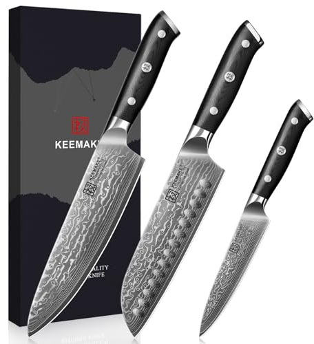 KEEMAKE Damascus Kitchen Knife Set 3 PCS, Sharp Knives Set for Kitchen, 67 Layers Damascus Chef Knives, Japanese Knife Sets with Full Tang Ergonomic Handle, Kitchen Knives for Meat Vegetable