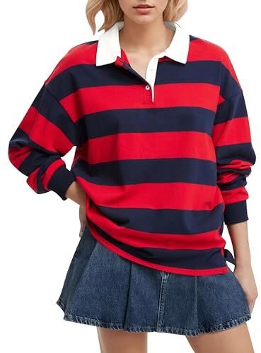 Meladyan Rugby-Shirt für Damen, Poloshirt, gestreift, Sweatshirt, Übergröße, langärmelig, Revers, V-Ausschnitt, Pullover, Top, Y2K, Streetwear-Blusen