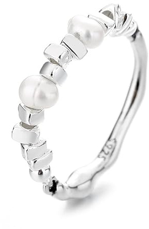 WLLDDDIU Ring Silber 925 Damen,S925 Sterling Silber Unregelmäßiger Silberspleißperlenring Leichte Luxuriöse Offene Perlenringe Verstellbar für Frauen Teenager-Mädchen Mode Sanfte Silberne Daum