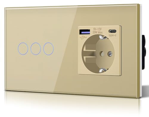 BSEED Enchufe Doble Pared con 20W USB y Tipo C,Enchufe USB C de Cristal,Carga Rápida,3 en 1，Fácil Instalación,3 Gang 1 Vía,157mm Oro