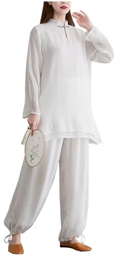 DAYKET Damen-Kampfsportanzug, Baumwollleinen, Tai-Chi-Uniform, Kung-Fu-Anzüge für Damen-Morgenübungen,White-XL