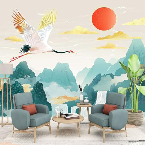 Fotomurales Grullas Y Montañas De Estilo Chino 150 x 105 cm - Papel Pintado Tejido No Tejido - Decorativos Murales para Pared Salón y Dormitorio - Diseño Moderno