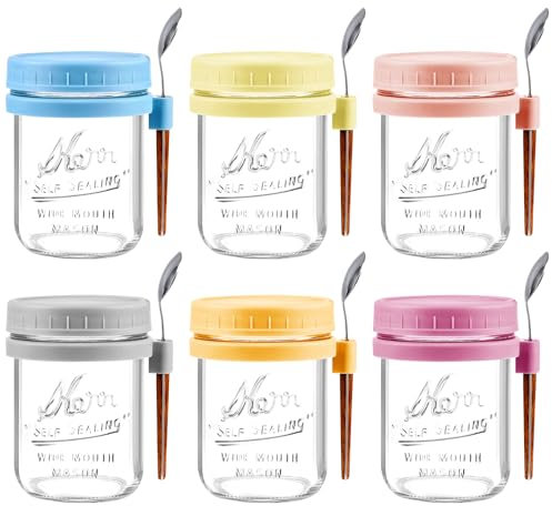 AsstarJTK 6-pack övernattningsbehållare med lock och skedar – 4,7 dl glasburkar för havre över natten lufttäta burkar läckagesäkra havregrynsbehållare måltidsburk för yoghurt, mjölk, flingor,