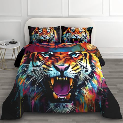 Winter Bettdecke 140x200 - Tiger Deko Geschenke Wende Steppdecke, 4 Jahreszeiten Bettdecke Ohne Bezug Waschbar, Warme & Weiche Winterdecke, Ganzjahresdecke mit 2 Kissenbezug E*-57