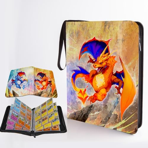 REDORELA Sammelalbum für Pokemon-Karten, hält 900 Karten-50 Seiten Sammelkartenalben Tragbar Wasserdicht Reißverschluss Binder für Sammelkarten, Geschenk für kinder Jungen Mädchen(Blau & Oranger 900)