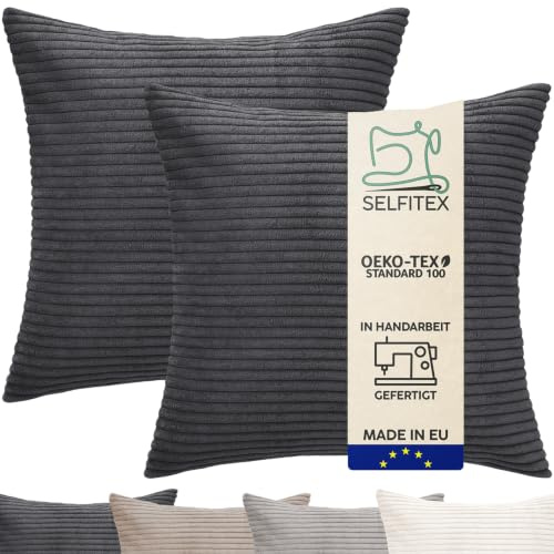 Selfitex 2er Set 40 x 40 cm Sofakissen, Couchkissen inkl. Füllkissen, edler Cord Stoff, extra weich und dekorativ, modische Breit Cord Optik, flauschig weiche Kissen, Moderne Farben (Anthrazit)