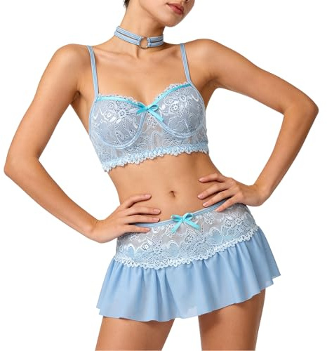 GIVTULIP Women Floral Lace Lingerie 4 Piece Exotic Nightwear with G-String