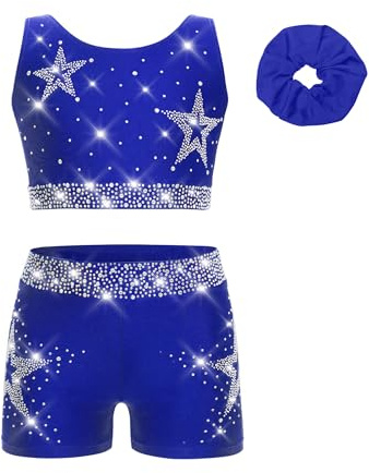 TiaoBug Mädchen Sport Crop Top und Kurze Hose Set mit Haargummi Tanz Gymnastik Turnen Outfits Glitzer Strasssteine Zweiteiler Leotard Sportbekleidung