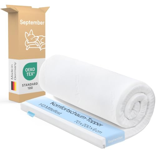 September – Topper 70x200 cm Komfortschaum mit 6 cm Höhe – Matratzenauflage mittelfester Härtegrad H3 – für Matratzen, Boxspringbetten etc. – Oeko-TEX® Standard 100 zert. – Bezug bei 60°C waschbar