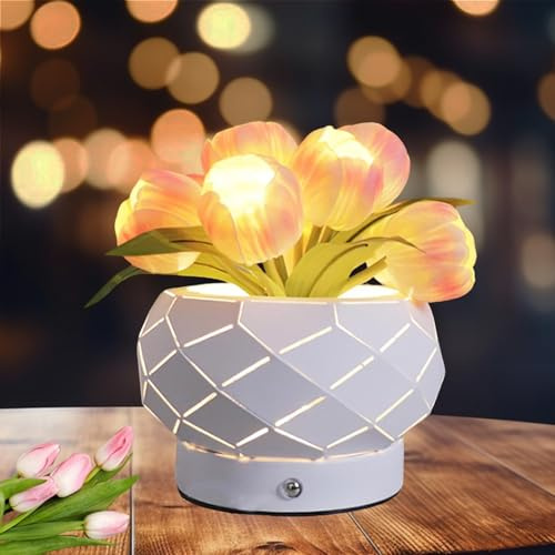 Justup Tulpe Blume Lampe, 3-Farben Stufenlos Dimmbare Touch-Lampe für Wohnzimmer, Schlafzimmer, Esszimmer, Home Decor, Geschenk für Frauen/Mama (Tulpen-E)