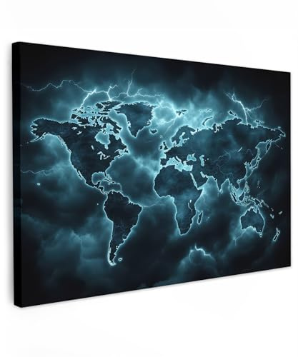 MuchoWow© Leinwand Bilder Groß XXL Wanddeko Wohnzimmer Aesthetic Room Decor | 120x80 cm - Deko Zimmer Wandbilder Modern Bild auf Weltkarte Blitz - Blau
