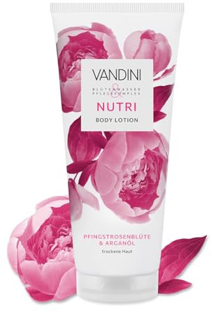 VANDINI NUTRI Body Lotion da donna, 200 ml, con fiore di peonia e olio di argan, lozione per il corpo per la pelle secca, vegana, senza parabeni e siliconi, dermatologicamente confermato, Made in