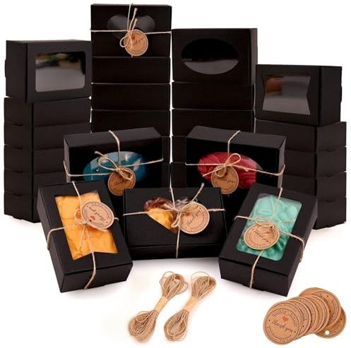Pack of 24 Kraft Paper Gift Boxes with Viewing Window - 9 x 6 x 3 cm, Schwarze klein Geschenkbox , for Biscuits, Chocolates, and Sweets, für Hochzeit Geburtstag Weihnachten Packaging Gift Boxes