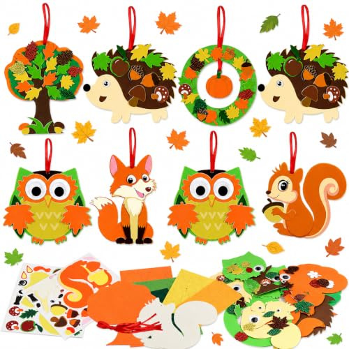 Huanmin 8 Stück Basteln Herbst Kinder, DIY Bastelset Herbst, Igel Eule Eichhörnchen Fuchs Ahornblatt Kränze Basteln Herbst, Bastelsets für Herbstdeko, Jungen Mädchen 3-12 Jahre