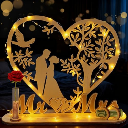 VEEKAY Geldgeschenk Hochzeit Holz mit LED,Hochzeitsgeschenke für Brautpaar,Geldbaum Geldgeschenke,Holz Mr & Mrs Geld Geschenk,Herzförmiges Geschenk zum Hochzeit Hochzeitstag