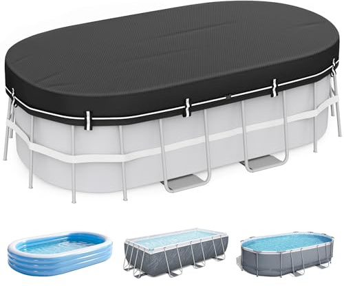 LXKCKJ Cubiertas ovaladas de 8 x 14 pies para piscinas sobre el suelo, cubierta de piscina rectangular solar 420D con juego de accesorios, lona de diseño integrado ideal para impermeable, a prueba de
