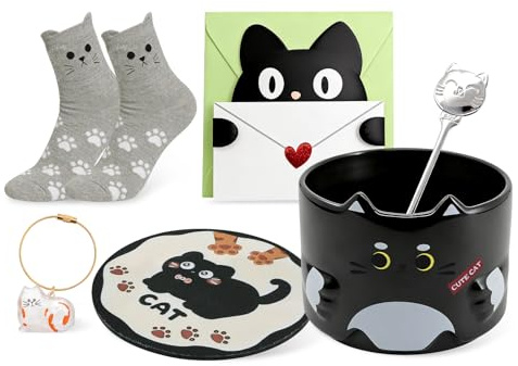 Qinhai Cute Cat Mug Set, Stackable Coffee Cup, Cat Lovers Gifts for Women Men Mum Her Girl Boy Teacher Friend, Christmas Valentines Mothers Day Easter Presents Idea (Black)