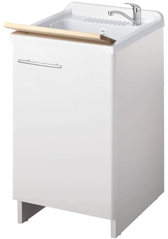 Negrari Magica 2003 Lavatoio Bianco 50x50 H85 cm Mobile Nobilitato Idrofugo Vasca Polipropilene Asse Legno Cerniere Chiusura Rallentata Salvafondo Alluminio Sifone Piletta Piedini Regolabili