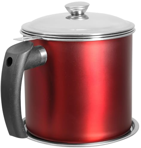 DEARMAMY Stainless Steel Filter Oil Pot with Lid 1.3l Red Bacon Grease Strainer Ghee Container Cooking Oil Storage Jug for Kitchen and Cooking