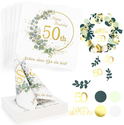 50. Geburtstag Deko-36er Eukalyptus Servietten 50 Geburtstag + 100er Happy Birthday Konfetti Set,3-Lagig ServiettenSchön dass du da bistDeko 50 Geburtstag Frau Mann,Napkins für 50 Jahre Tischdeko