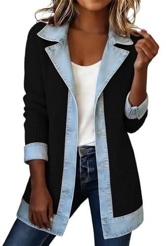 Veste en jean pour femme - Veste en jean côtelée polyvalente et légère - Veste mi-saison moulante - Manteau long en tricot décontracté vintage - Avec empiècements en denim - Col à revers contrasté
