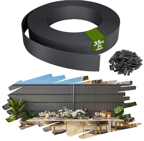 YRHome Strisce Privacy PVC 35m 4,7 cm Altezza 1,64㎡ per Recinzione Doppia Barra, Resistente agli Agenti atmosferici e UV, Opaco Giardino Balcone terrazzo, con 50 Clip di Fissaggio, Antracite