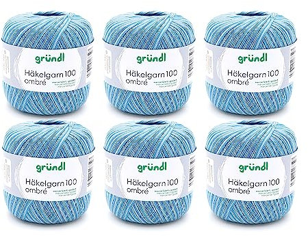 Gründl Häkelgarn 100 ombré (mercerisiertes Baumwollgarn zum Häkeln aus 100 % Baumwolle, 100 g / 566 m, Nadelstärke: 1,5 - 2, 6 x 100 g), Ocean