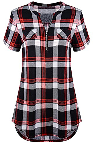 Odosalii Chemisier Femme Carreaux Demi Manches Blouse T-Shirt Casual Top Éclair Col V Chemise | T-shirt à fermeture éclair