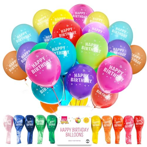 Jaunty 50pk Happy Birthday Balloons Colourful Latex Party Essentials for Women, Kids, Boys, Girls - Arch, Games, Banners, Baby Shower Decorations, Gender Reveal, Engagement Durable Long-Lasting