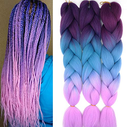 Treccia Extension Capelli Intrecciate Finti Estensioni Treccine Africane Sintetica 3 Bundles 300g Ombre Jumbo Braiding Hair Fibre,Viola&Lago Blu&Viola chiaro