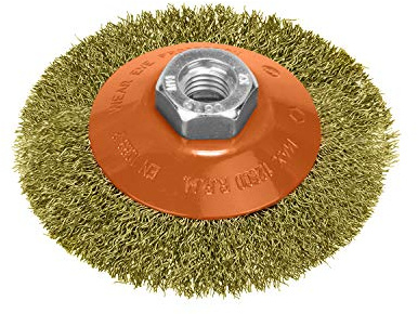WOLFPACK LINEA PROFESIONAL - Cepillo Oblicuo Con Alambre De Acero Latonado Rosca M14, Ø 100 mm. Alambre de Ø 0,30 mm.